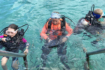 First dives can begin with easy entries from the secure stairway at the Buddy dock.