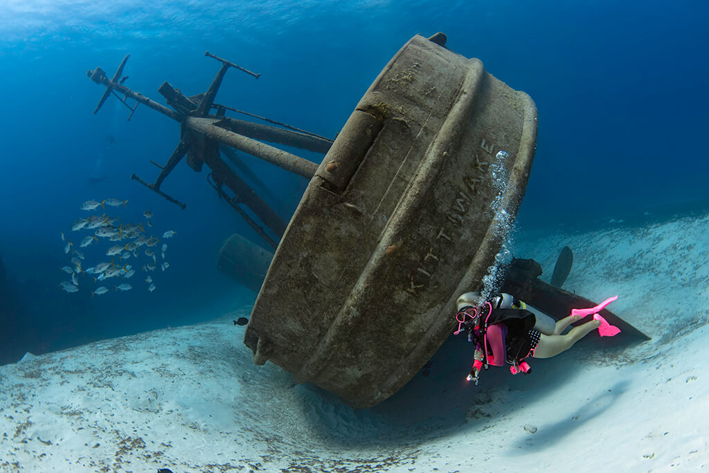  At 251 feet in length, the USS Kittiwake is Grand Cayman's largest and most popular shipwreck.