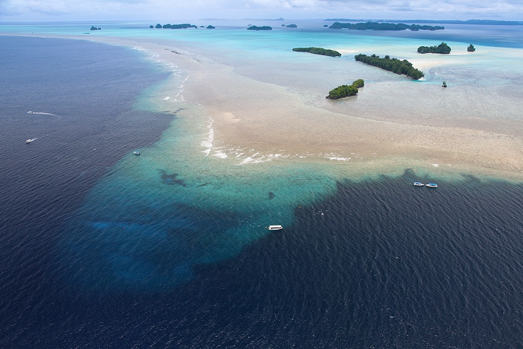 An aerial view of the dive site known as Blue Corner.
