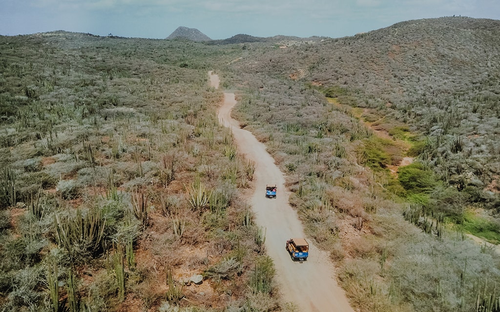 Offroad tours venture into the arid landscapes of Aruba's Arikok National Park. Nearby are the ruins of a 19th-century gold mine.