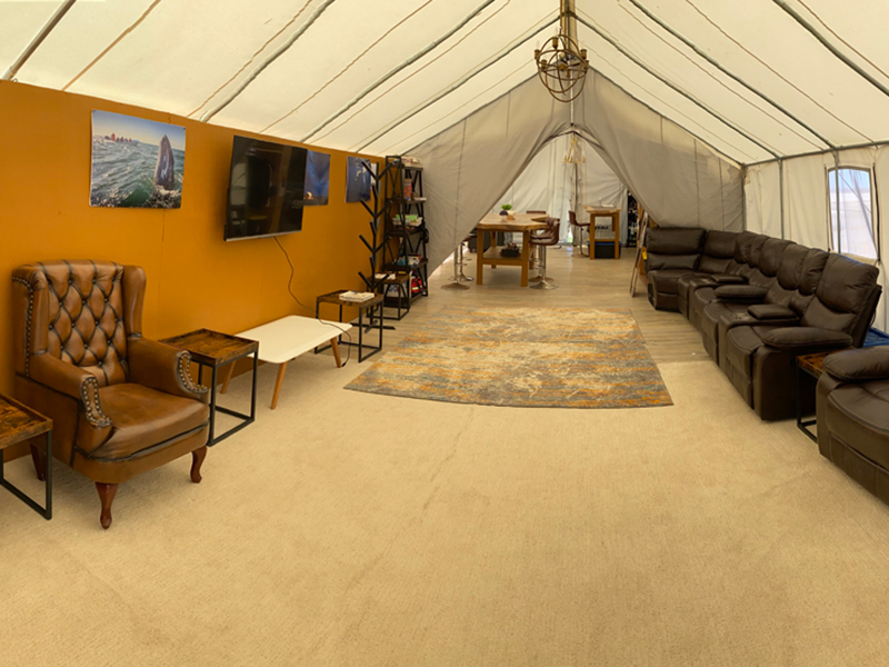 The camp's lounge tent is the gathering point for presentations and just relaxing after a day on the water.