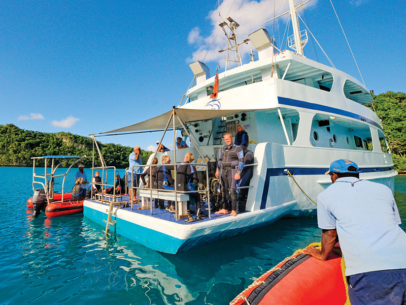 The boat's large stern dive platform provides easy access to the dive tenders.