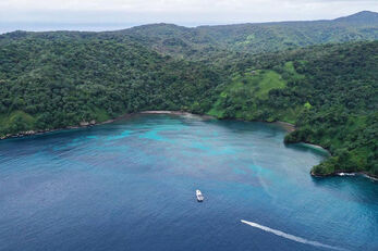 The Nautilus Explorer at anchor in Chatham Bay during an exploratory expedition to Cocos Island in the summer of 2023.