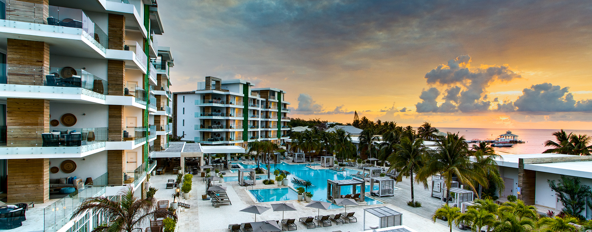 Balconies of the Vista Suites focus on the resort's central pool deck.