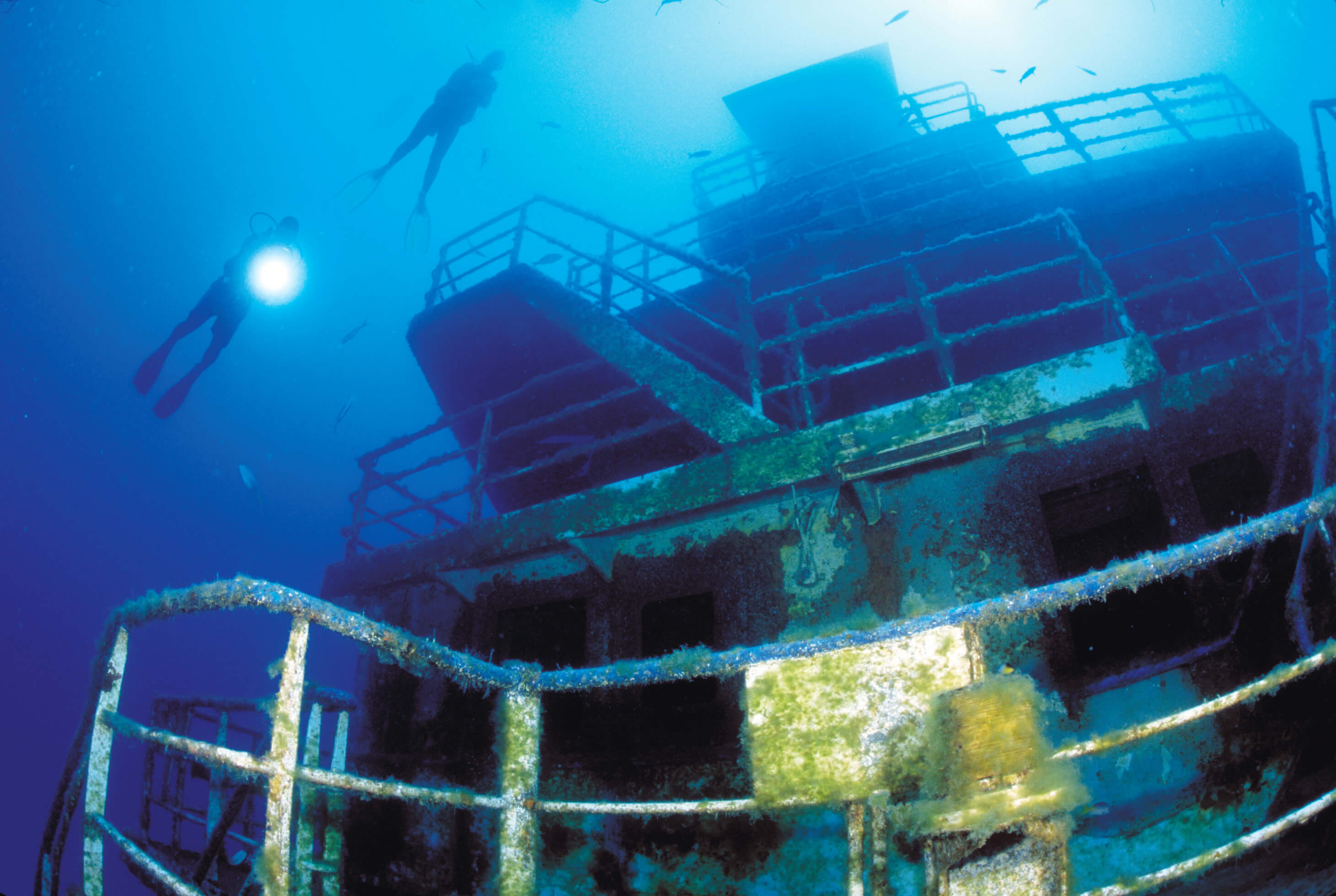 In addition to reefs and walls, dive schedules include several wrecks.