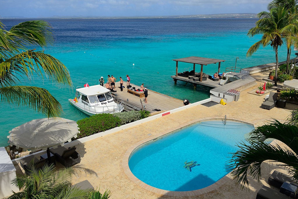 Boats from Buddy Dive pick up right at the resort pier, which is located close to the dive center's rear storage area.