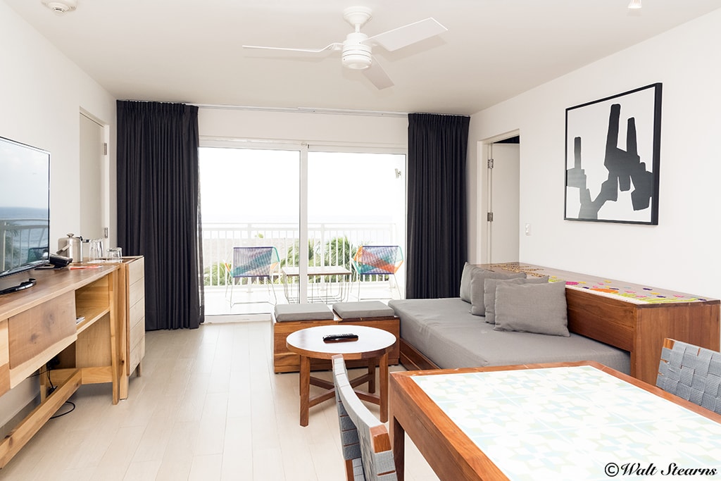 Rooms at Fiesta Americana have recently undergone a full renovation and update and now feature a minimalist-modern décor. Shown here is one of the hotel's two-room suites.