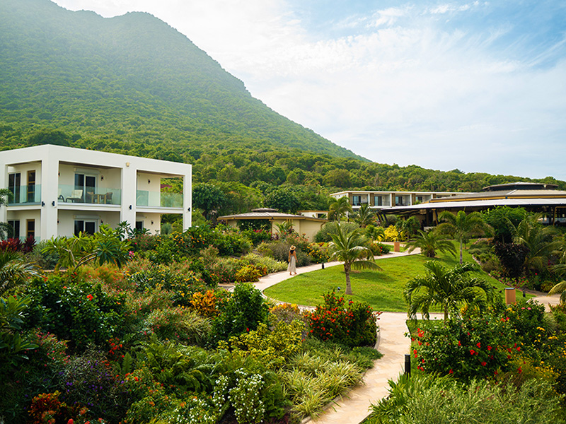 Golden Rock's low-rise buildings preserve views of the Quill Volcano.