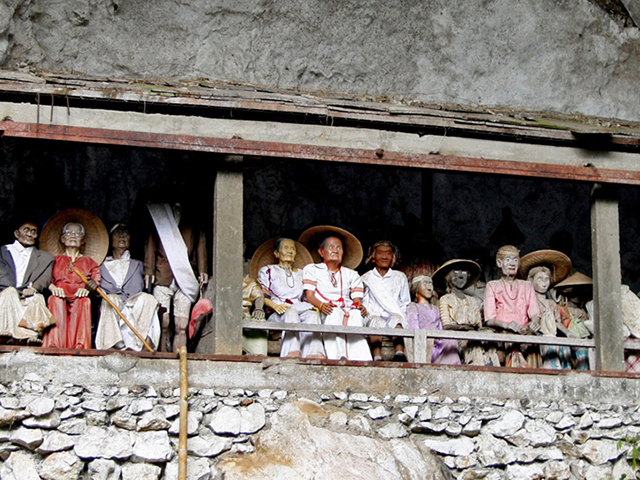 A row of Tau Tau effigies on a ledge at Londa Cave.