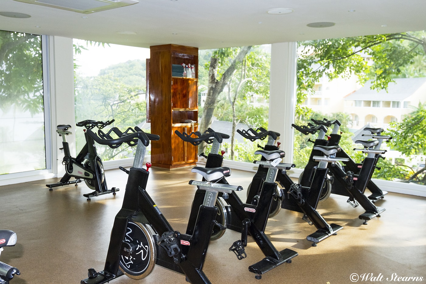 Spin bikes await at the Treetop Fitness Center, where inspiring views come with each workout.