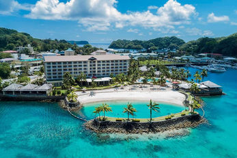 Guests at Palau Royal Resort have access to a private man-made beach and lagoon.